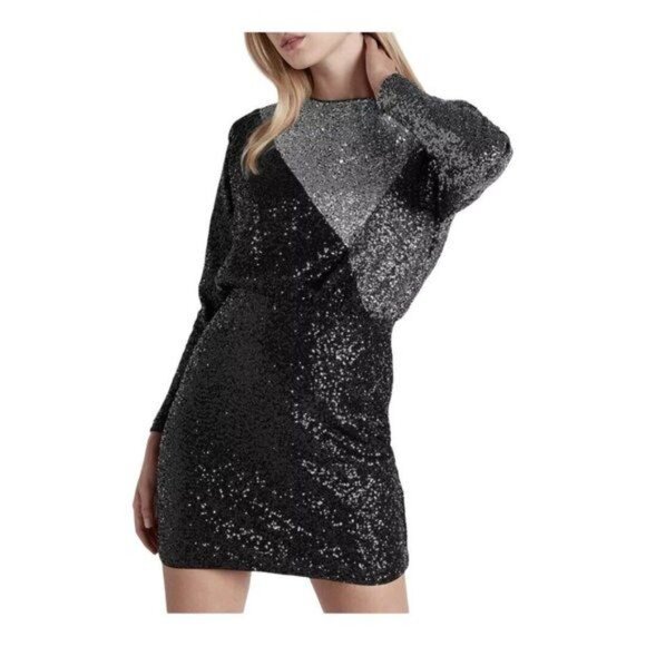 Express Women XS Colorblock Long Sleeves Black Silver Sequin PartyCocktail Dress - Picture 9 of 11